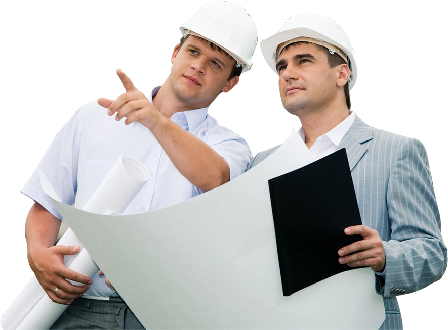 Architects with blueprint and clipboard standing at site