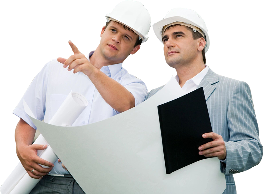 Architects with blueprint and clipboard standing at site